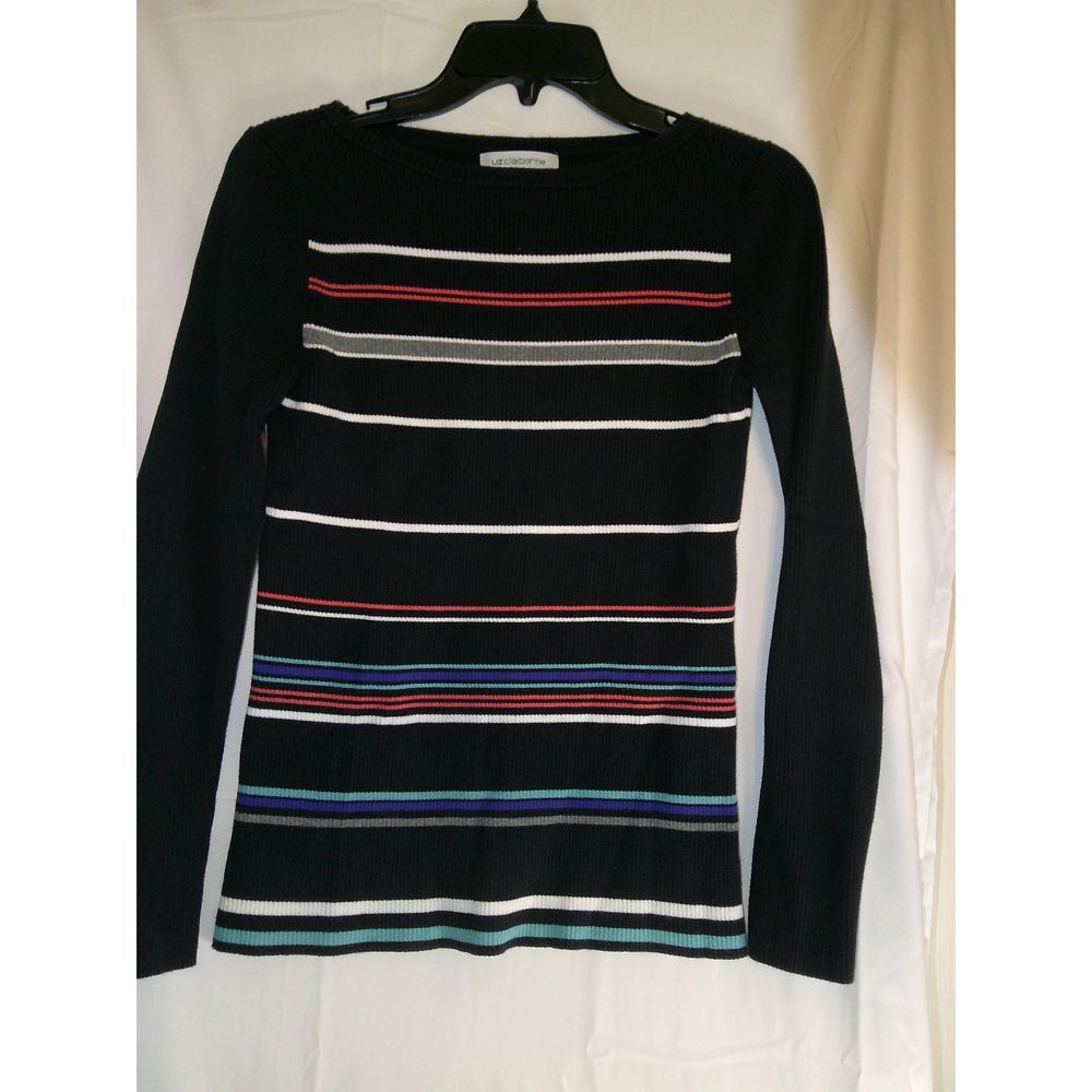 Liz Claiborne Black Striped Ribbed Sweater with Multicolor Accents Size S